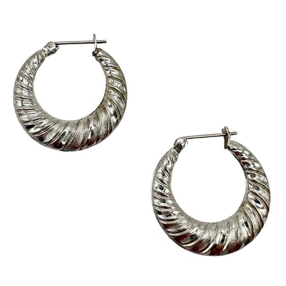 Sterling Silver Puffy Twist Scalloped Shrimp Hoops Textured 7/8 Inch - Picture 1 of 7